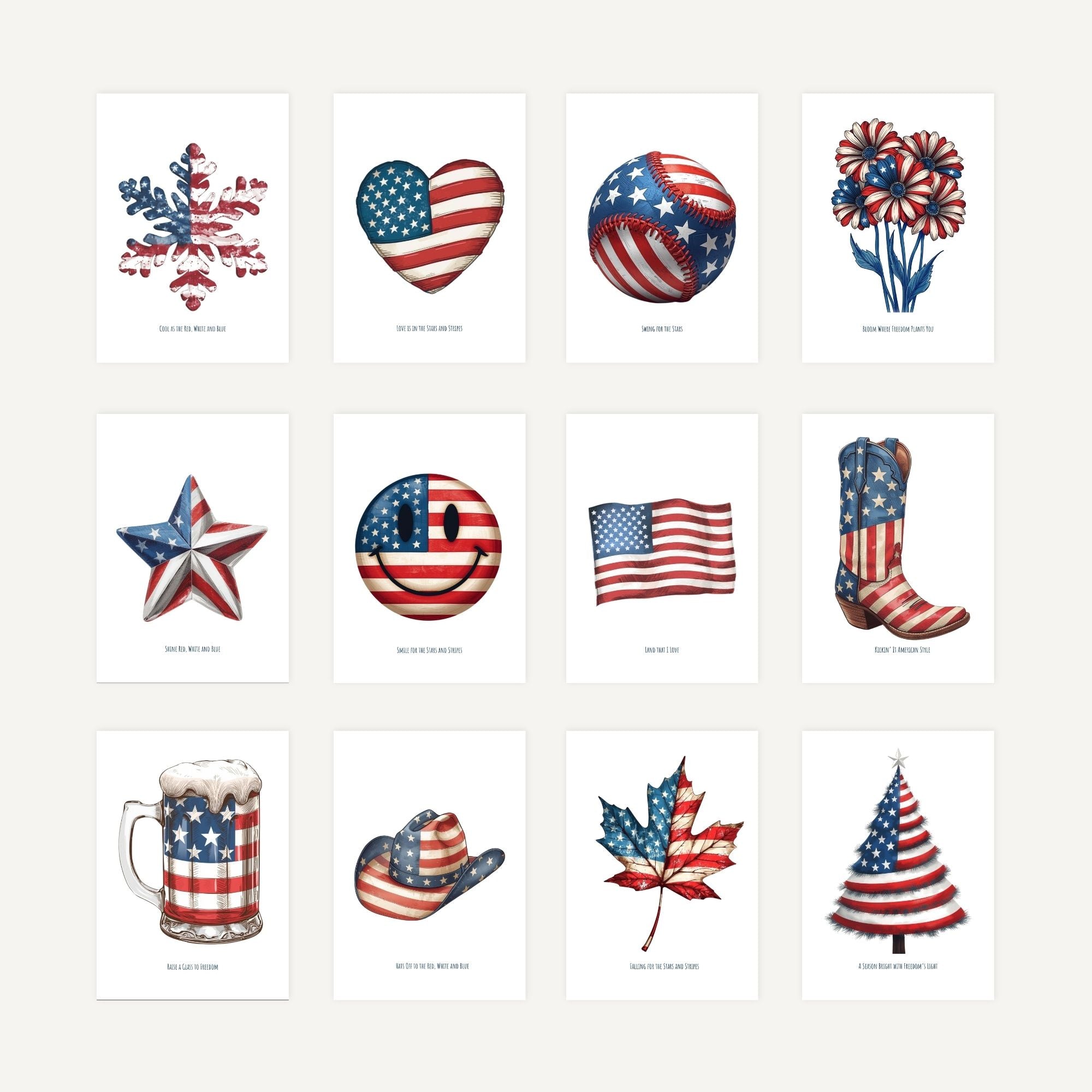 Collection of American flag-themed items on a white background