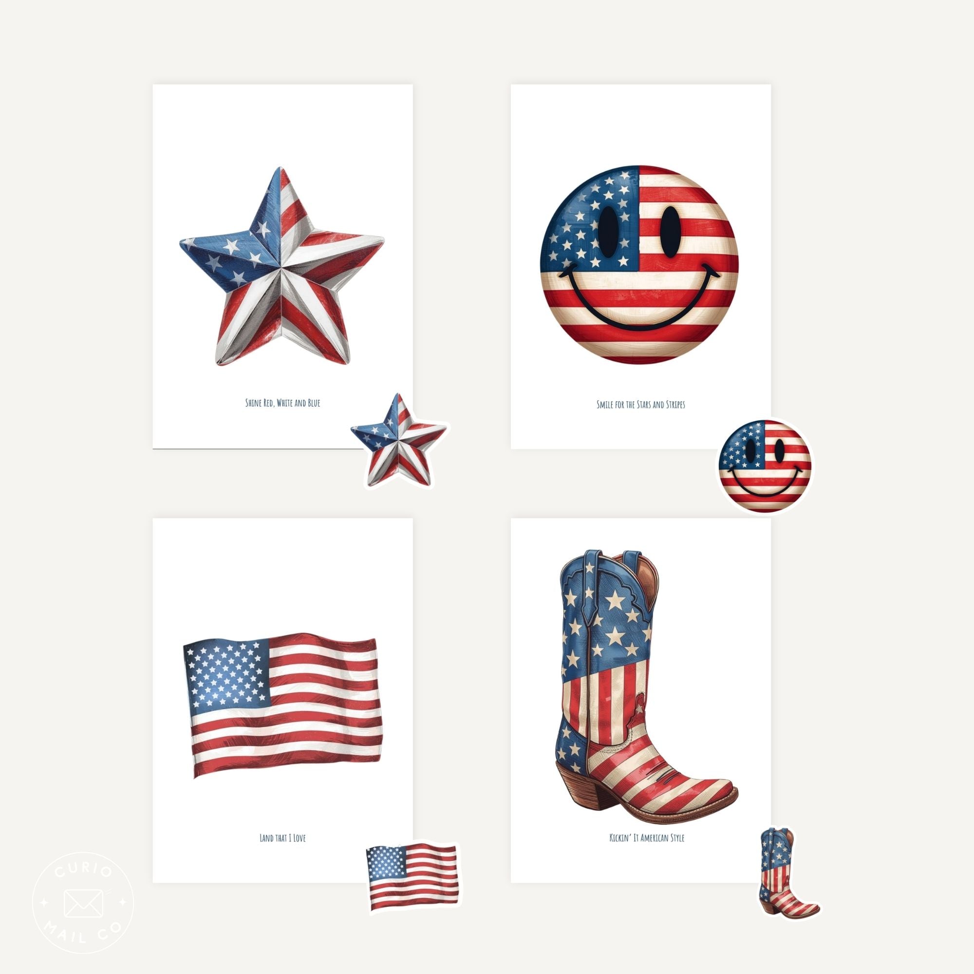 Collection of American-themed items including a star, smiley face, flag, and boots on a white background.