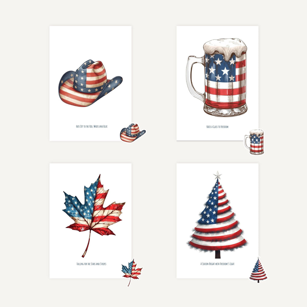 Set of four items with American flag design including a hat, mug, leaf, and tree.