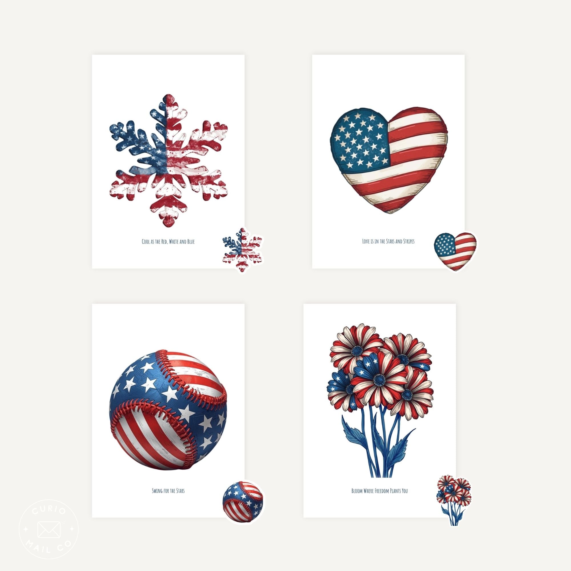 Set of four patriotic-themed prints featuring a snowflake, heart, baseball, and flowers.