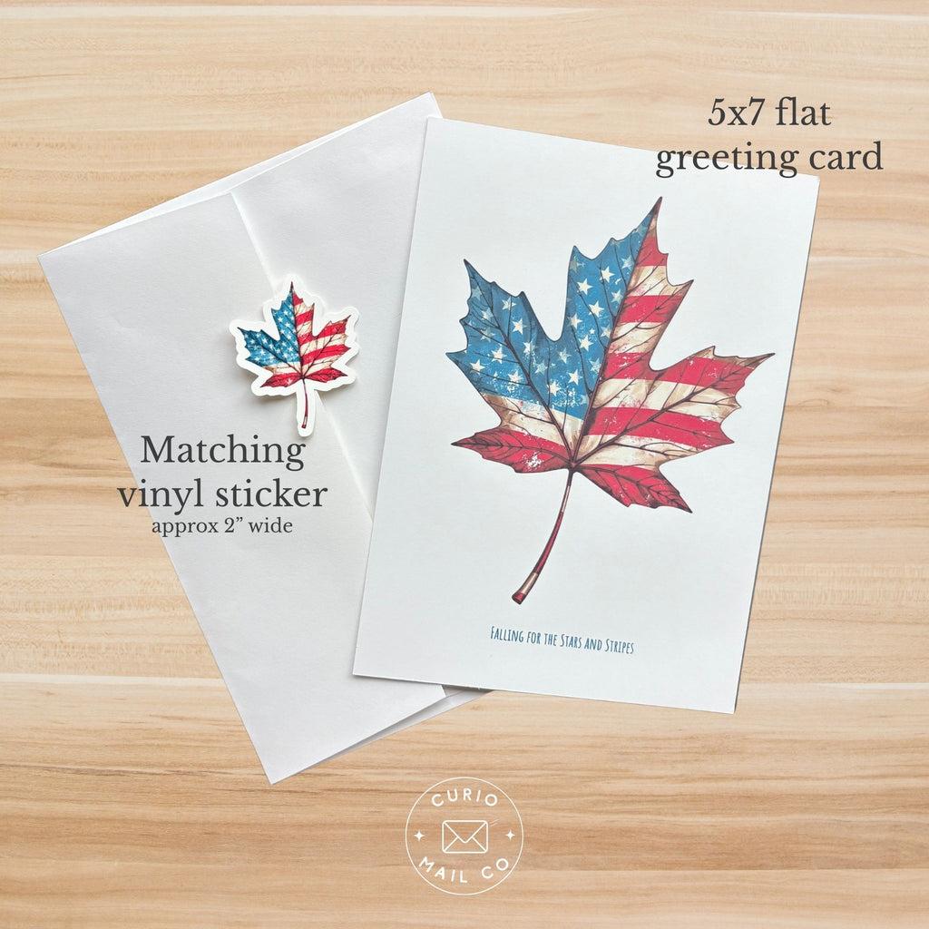 5x7 flat greeting card with matching vinyl sticker featuring American flag design on a wooden surface.