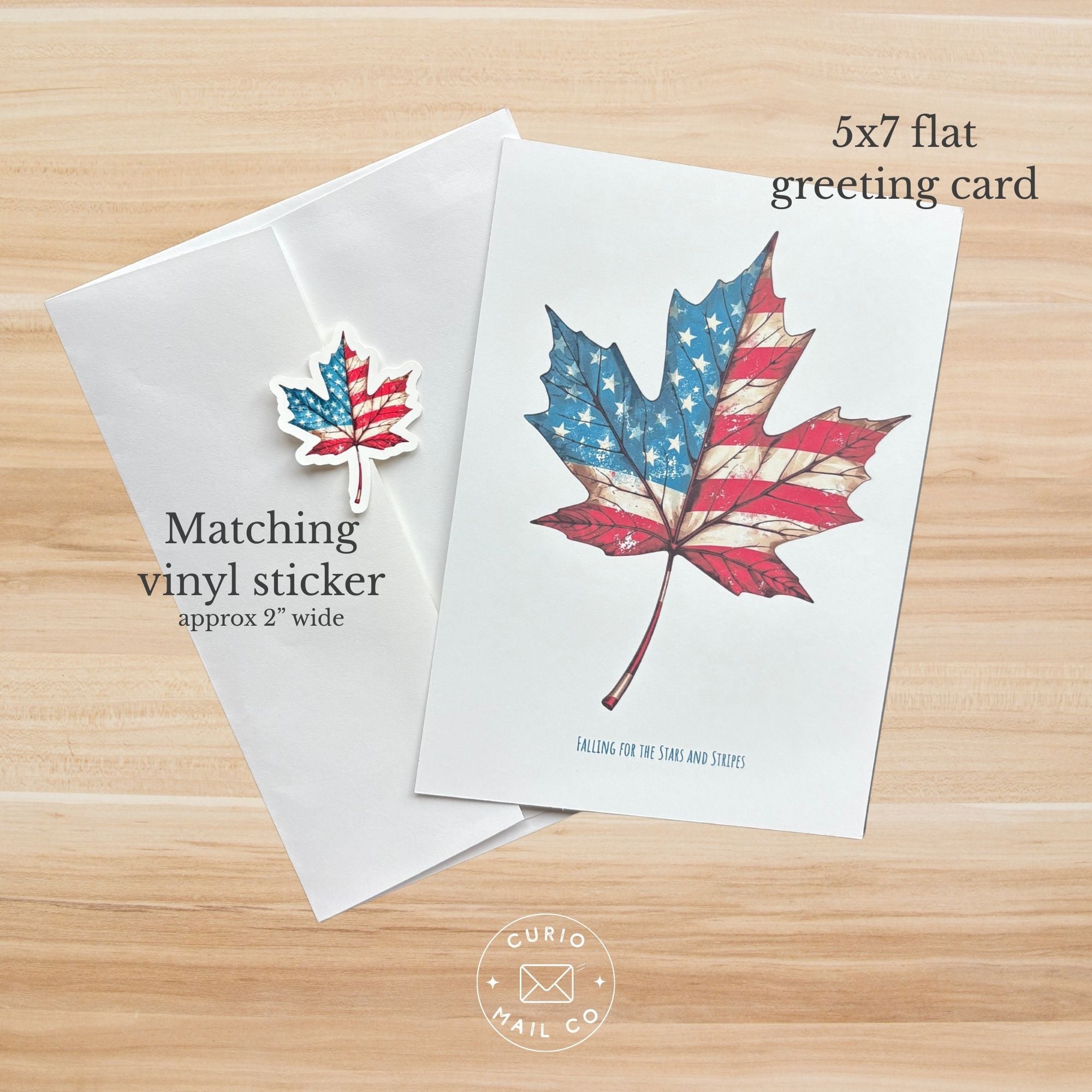 5x7 flat greeting card with matching vinyl sticker featuring American flag design on a wooden surface.