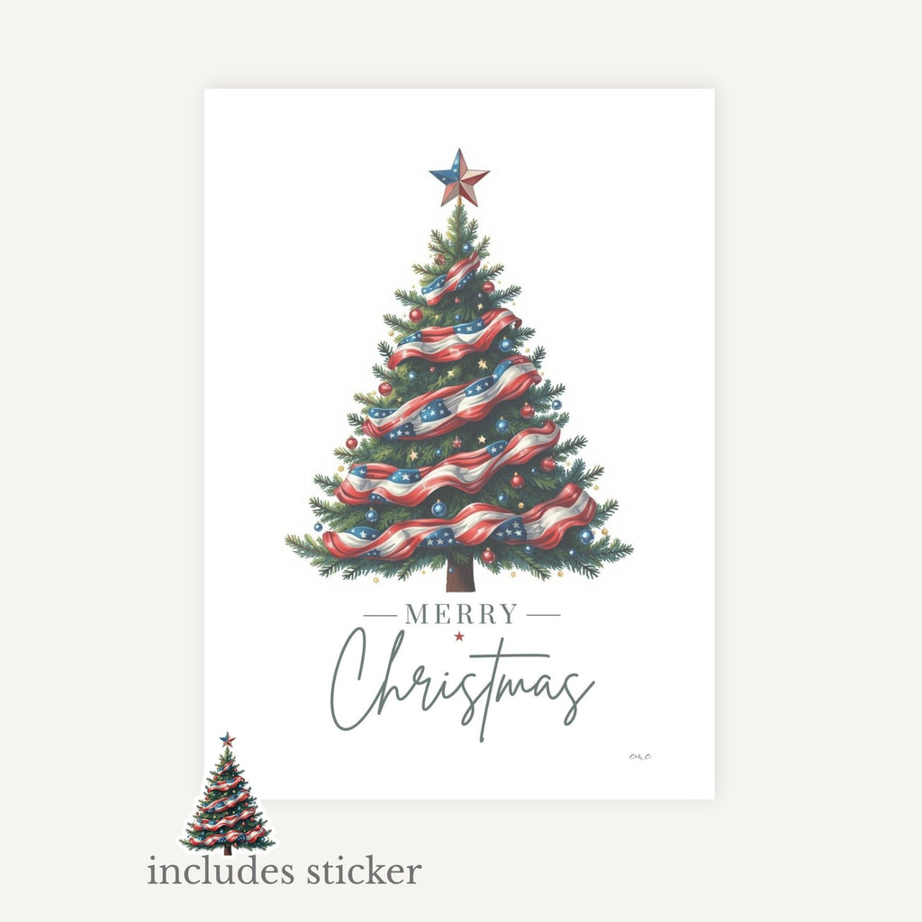 Decorative Christmas tree with ribbons and stars on a white background, featuring the text 'Merry Christmas' and 'includes sticker'.