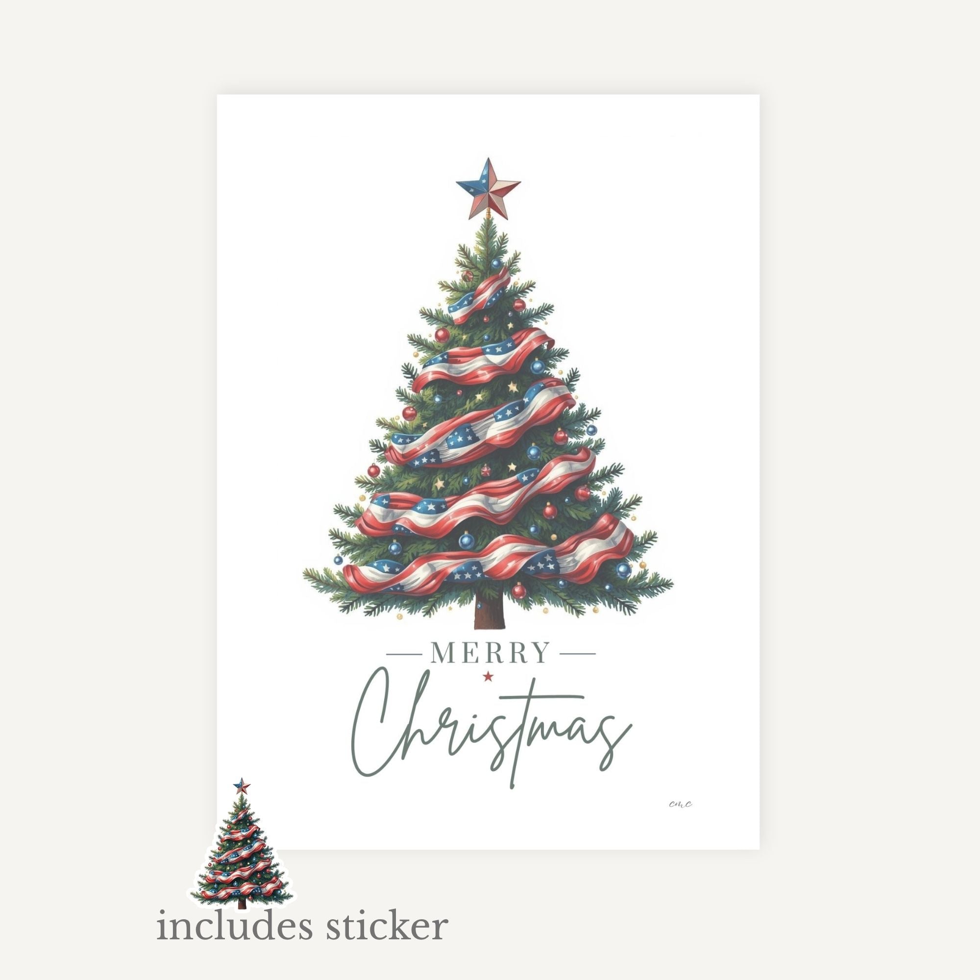 Decorative Christmas tree with ribbons and stars on a white background, featuring the text 'Merry Christmas' and 'includes sticker'.