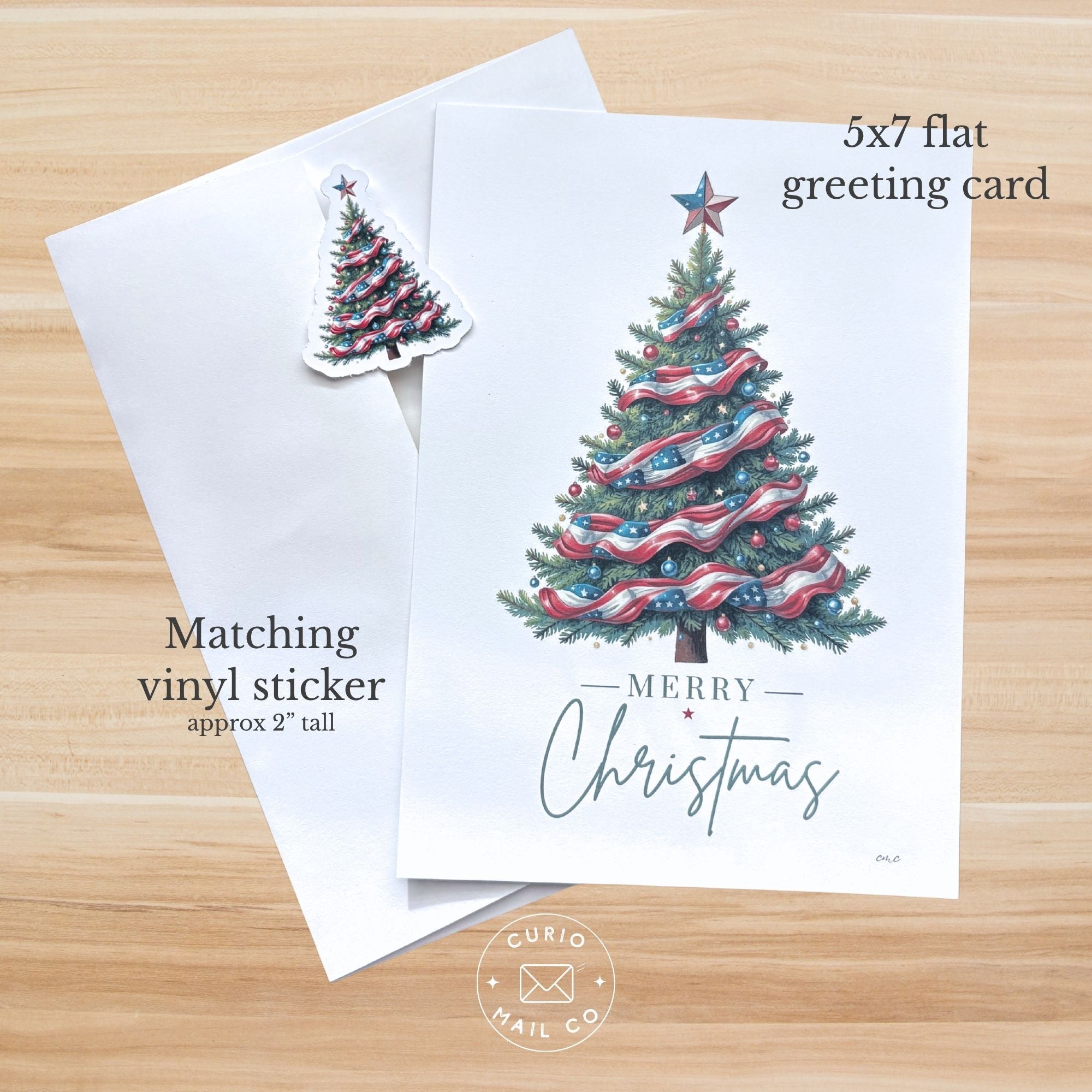 5x7 flat greeting card with matching vinyl sticker featuring a Christmas tree design on a wooden surface.