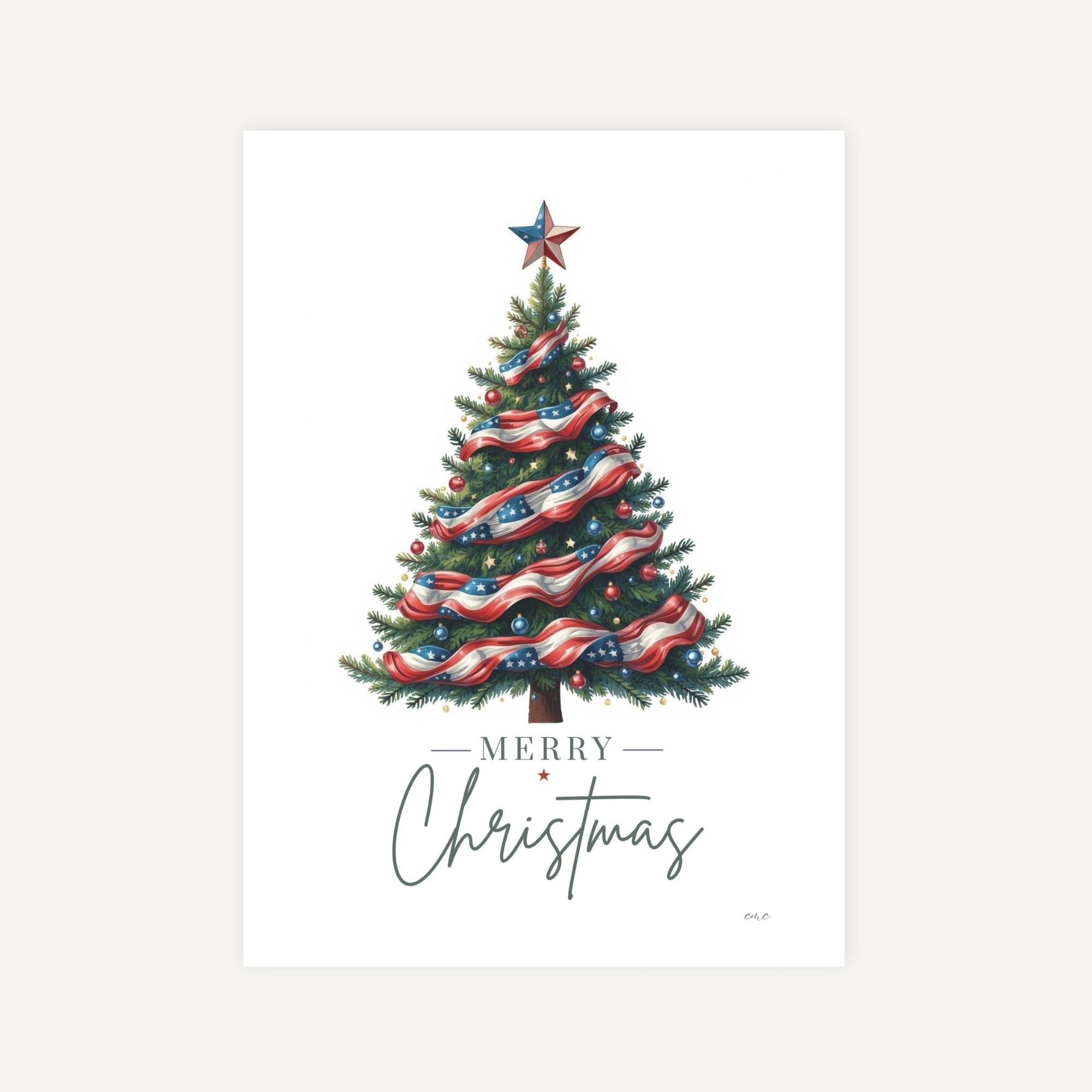Decorative Christmas tree with red, white, and blue ribbons and a star on top, with 'Merry Christmas' text below.