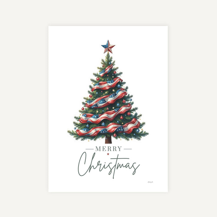 Decorative Christmas tree with red, white, and blue ribbons and a star on top, with 'Merry Christmas' text below.
