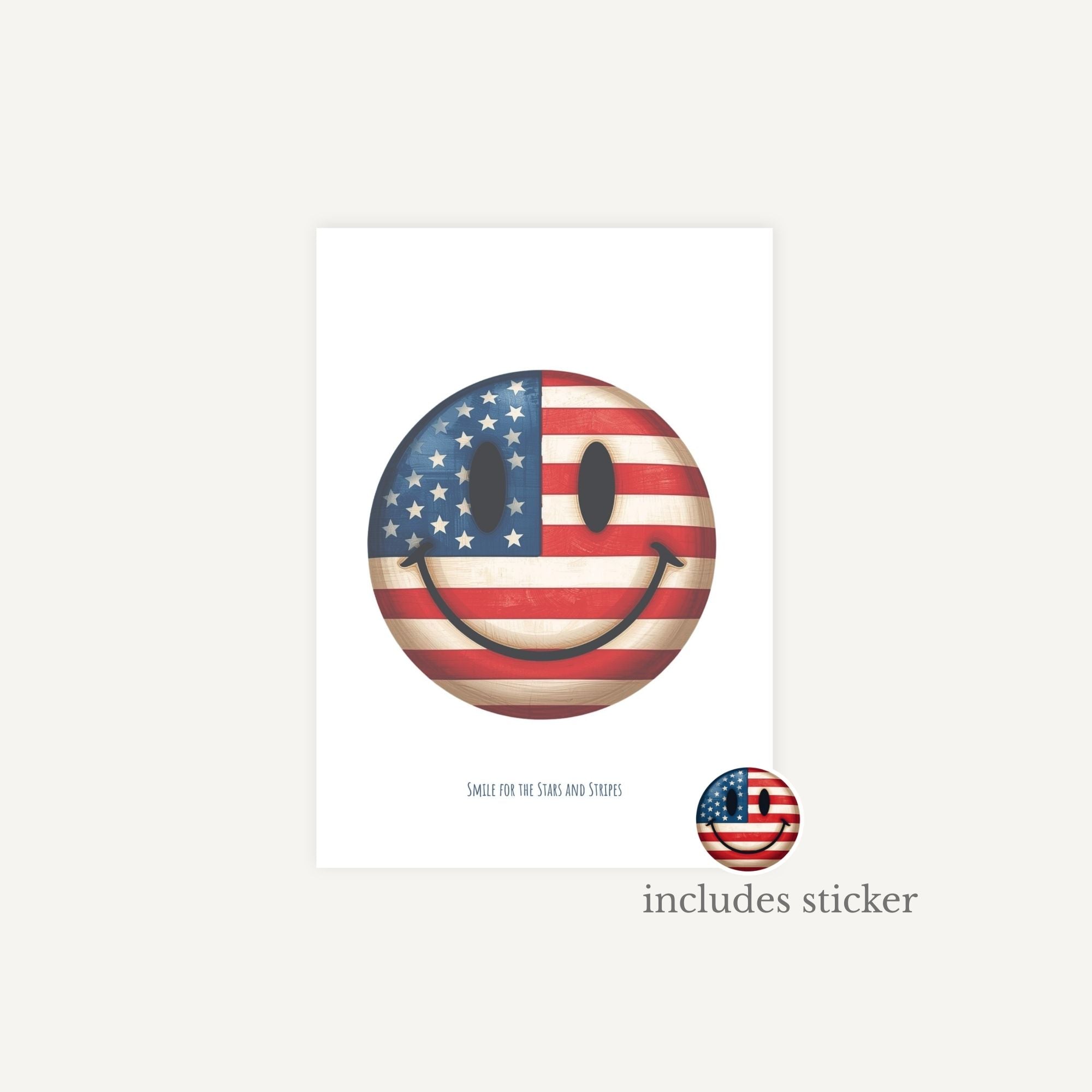 Smiley face sticker with American flag design on a white background