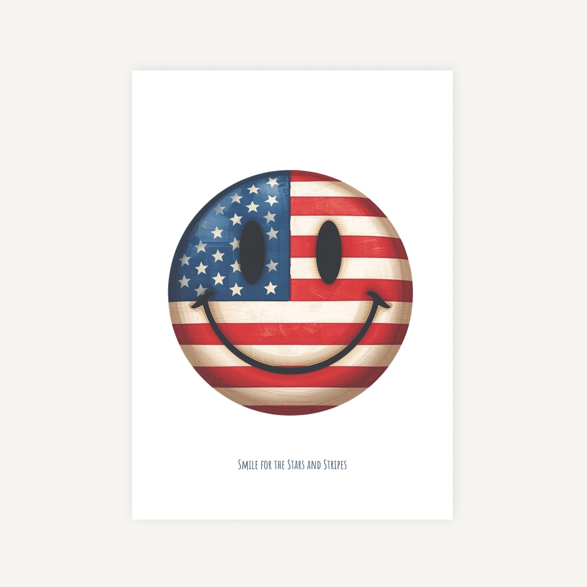 Smiley face with American flag design on a white background
