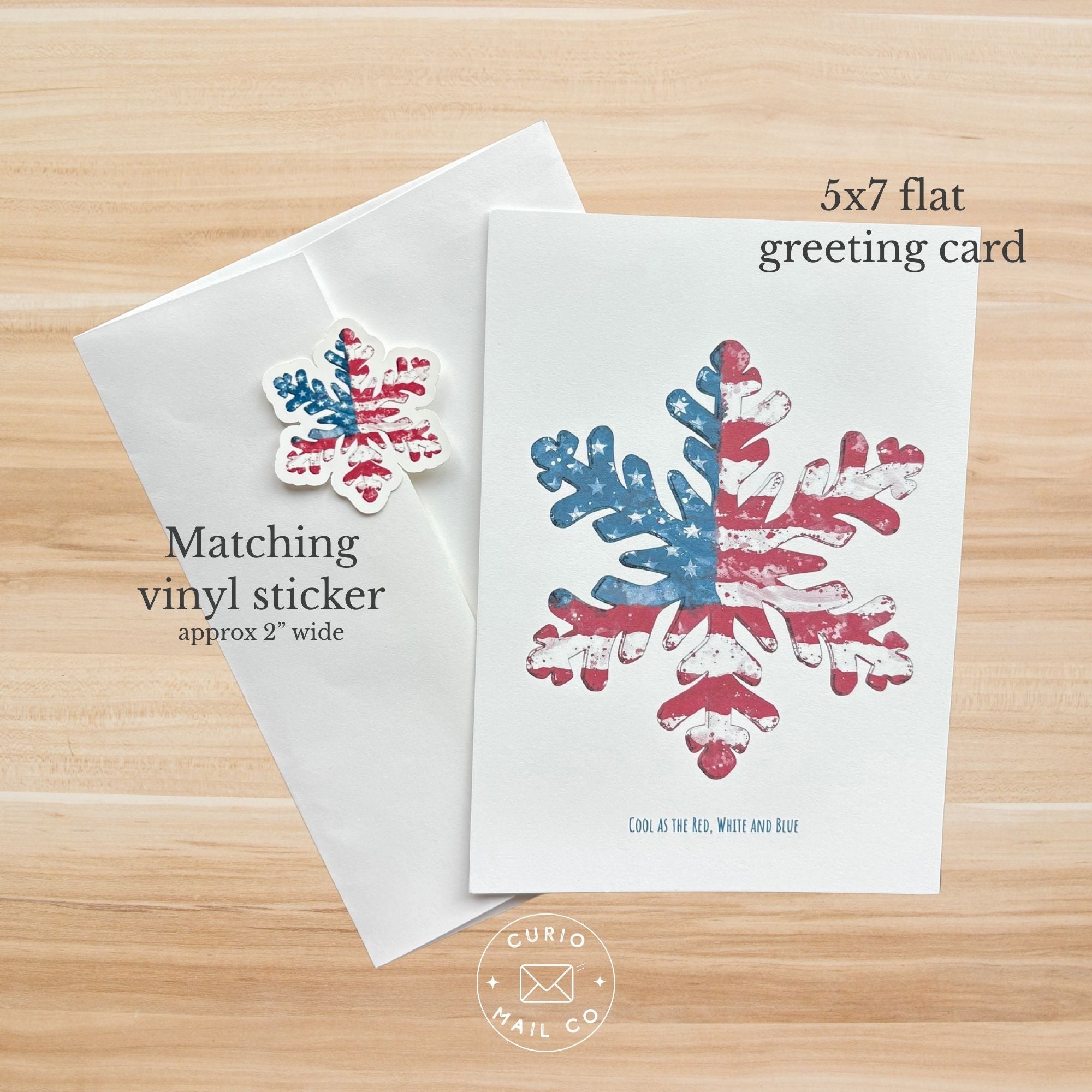 5x7 flat greeting card with matching vinyl sticker on a wooden surface, featuring Curio Mail Co branding. 
