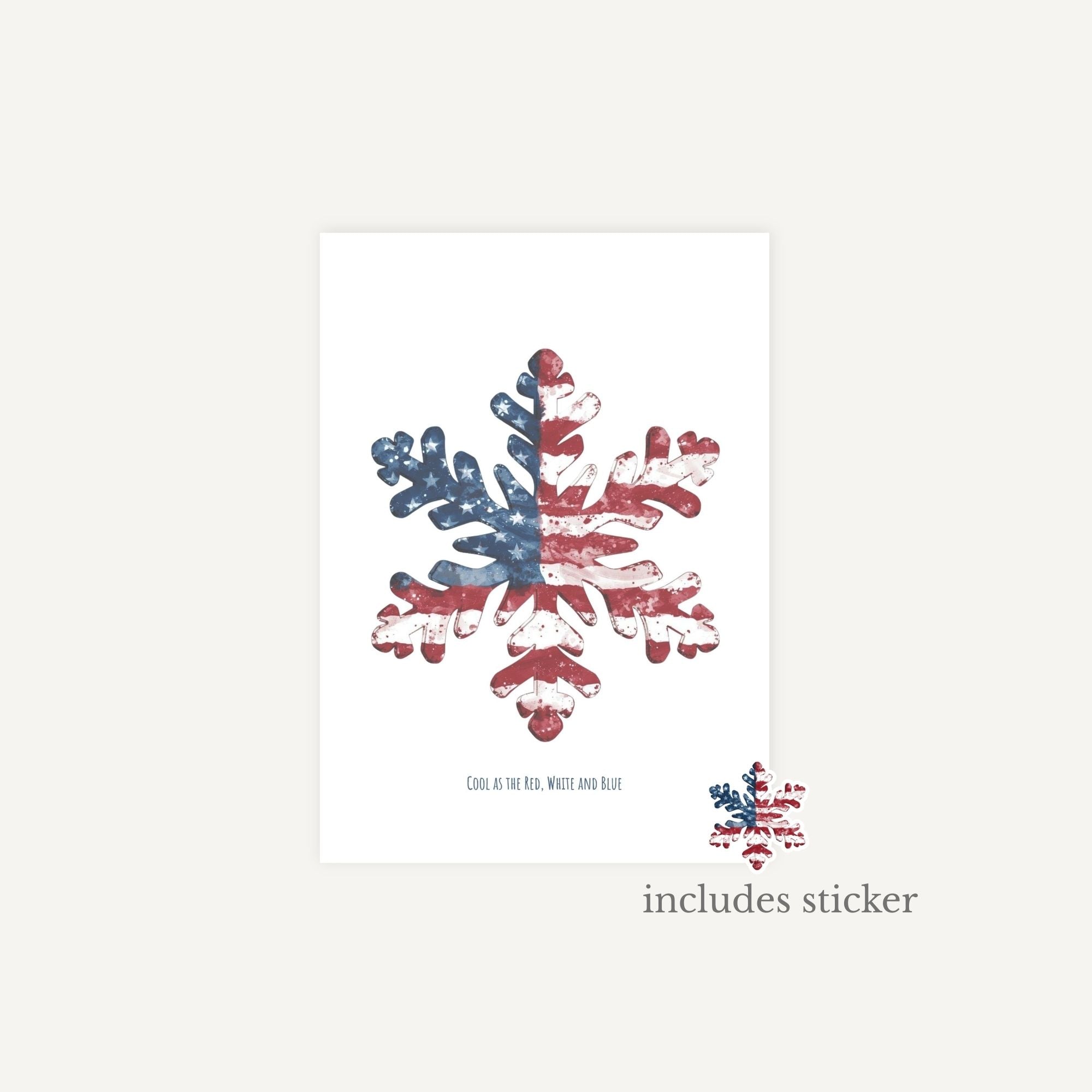 Snowflake design with red, white, and blue colors on a white background with smaller matching snowflake sticker.