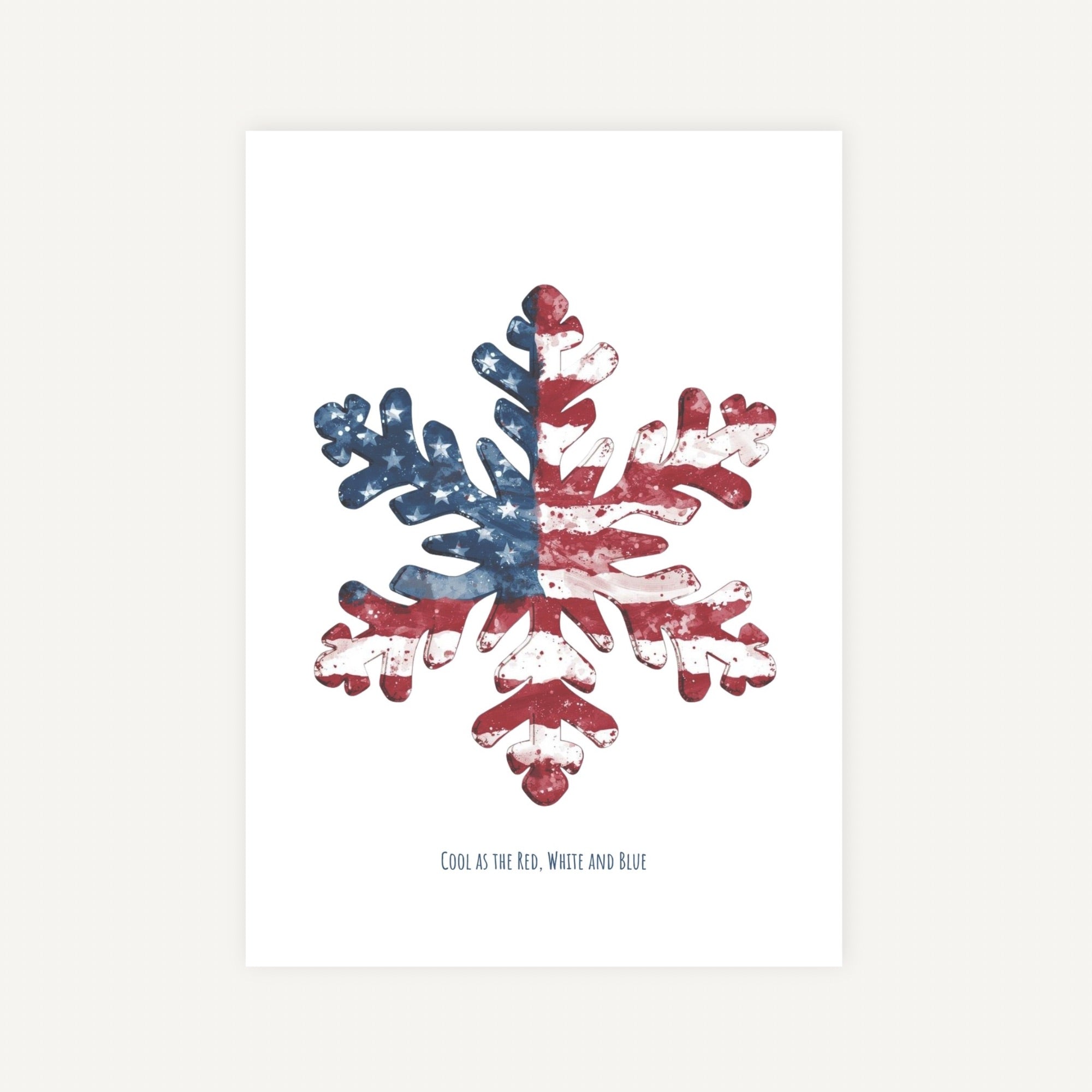 Snowflake design with red, white, and blue colors on a white background. With text cool as the red white and blue designed by Curio Mail Co.