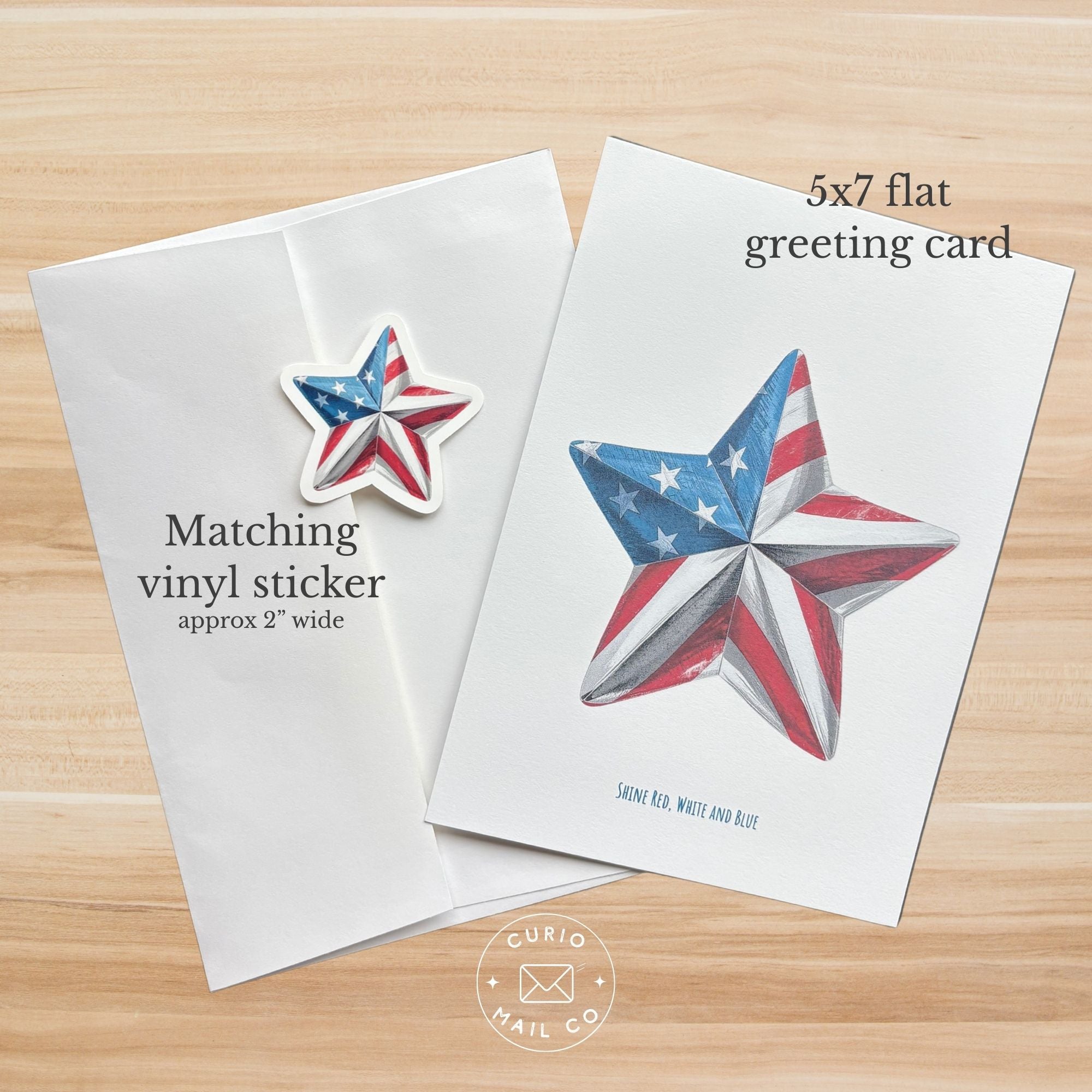 5x7 flat greeting card with matching vinyl sticker featuring a patriotic star design on a wooden surface.