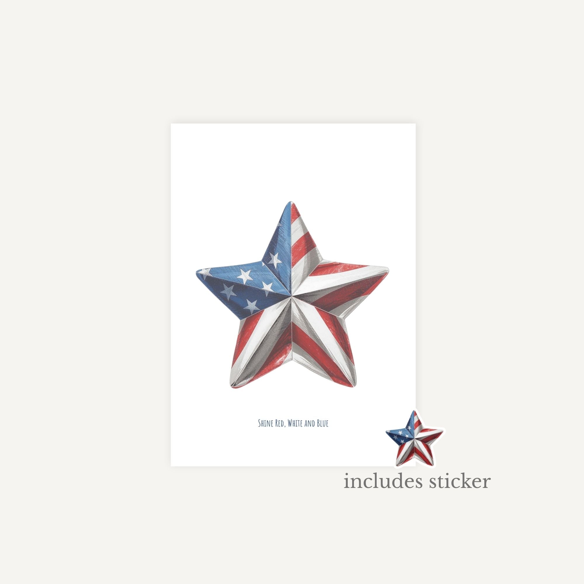 Decorative star with American flag design on a white background, including a sticker.
