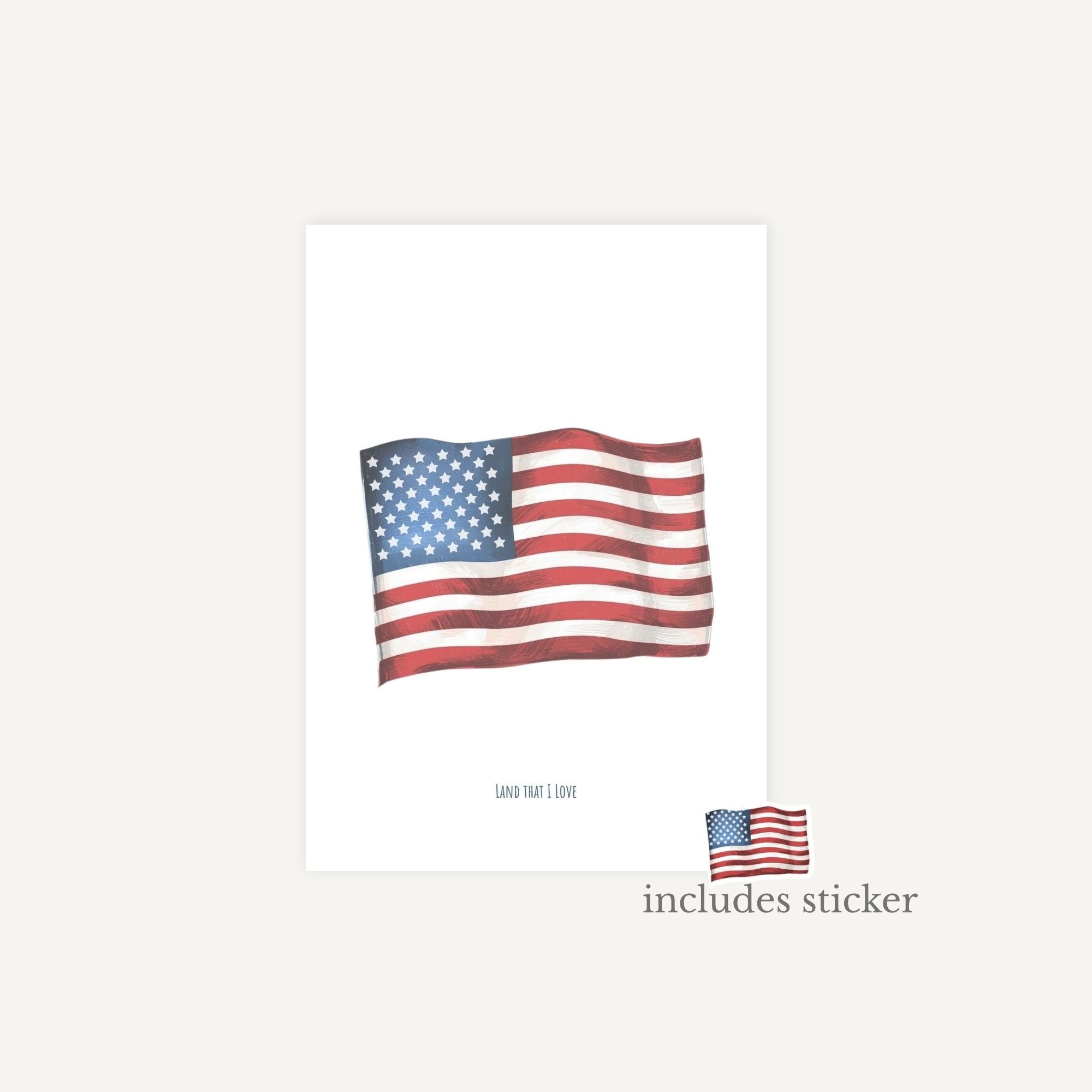 American flag print with a sticker on a white background
