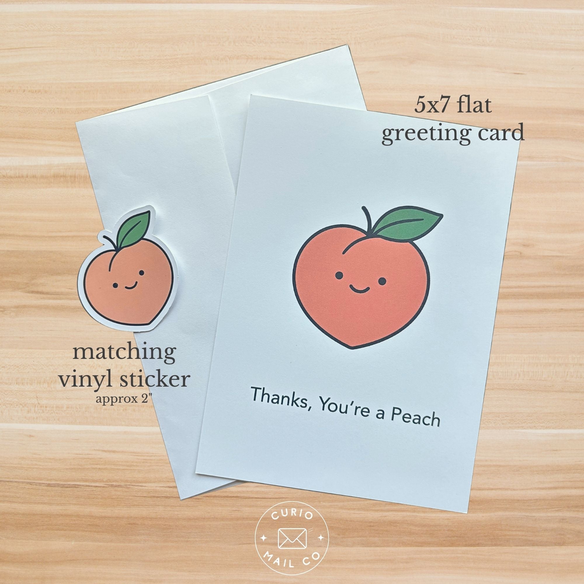 5x7 flat greeting card with a peach design and matching vinyl sticker on a wooden surface.