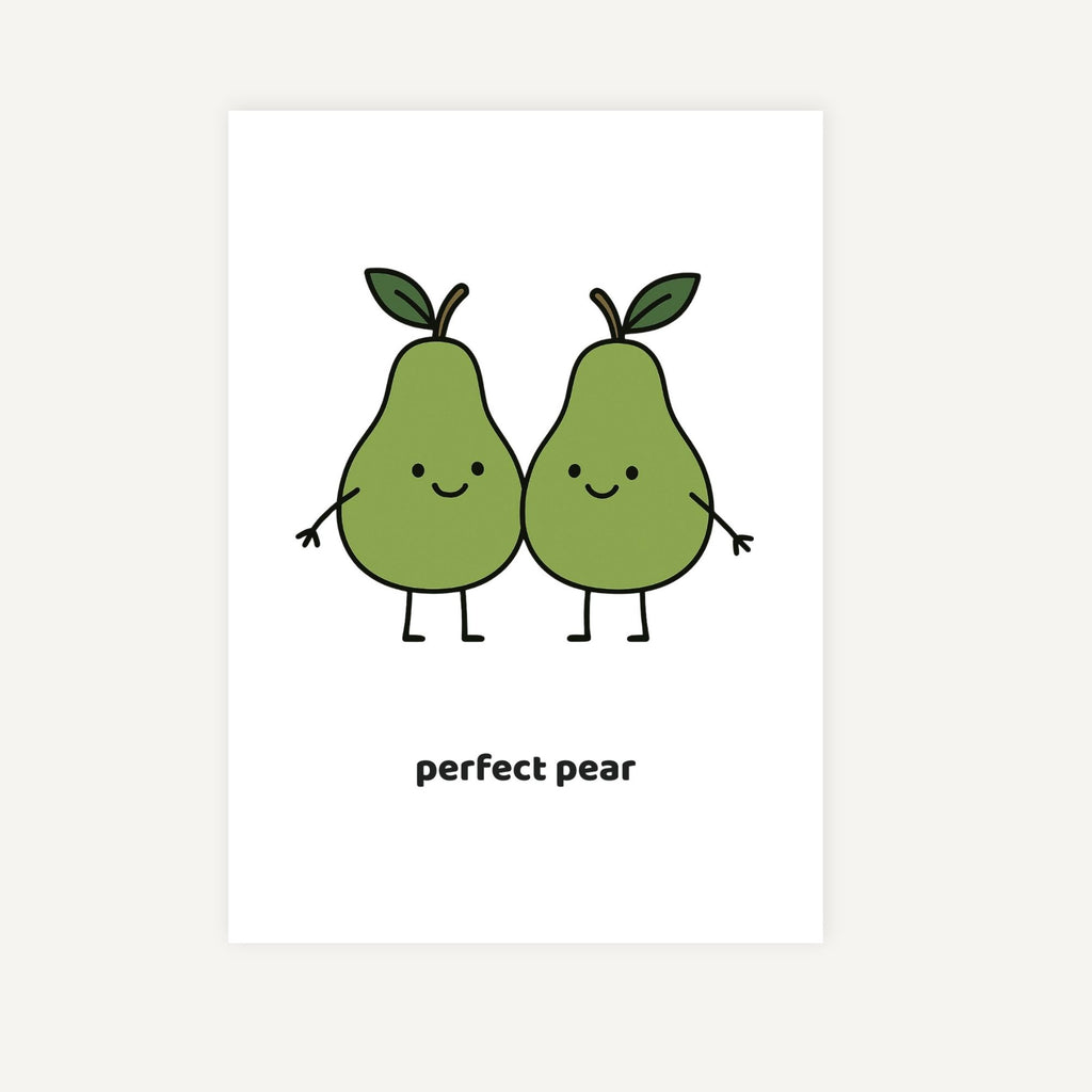 Two cartoon pears with a 'perfect pear' text on a white background