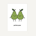 Two cartoon pears with a 'perfect pear' text on a white background