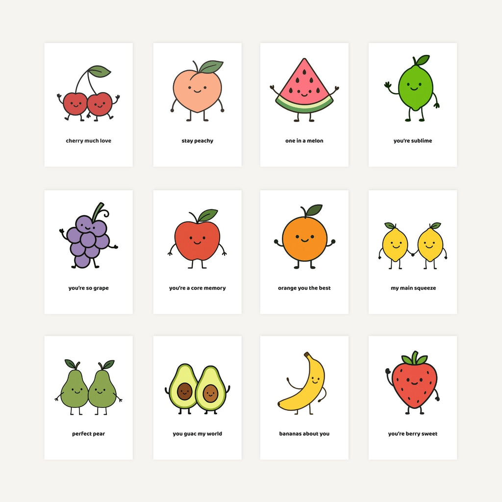 Set of 12 cartoon fruit and vegetable cards with humorous text on a white background