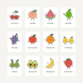 Set of 12 cartoon fruit and vegetable cards with humorous text on a white background
