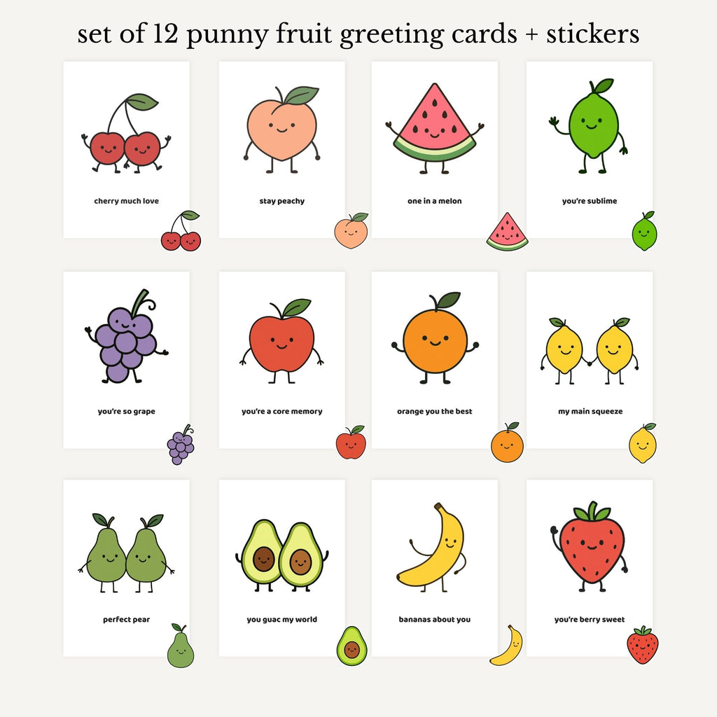 Set of 12 punny fruit greeting cards and stickers on a white background