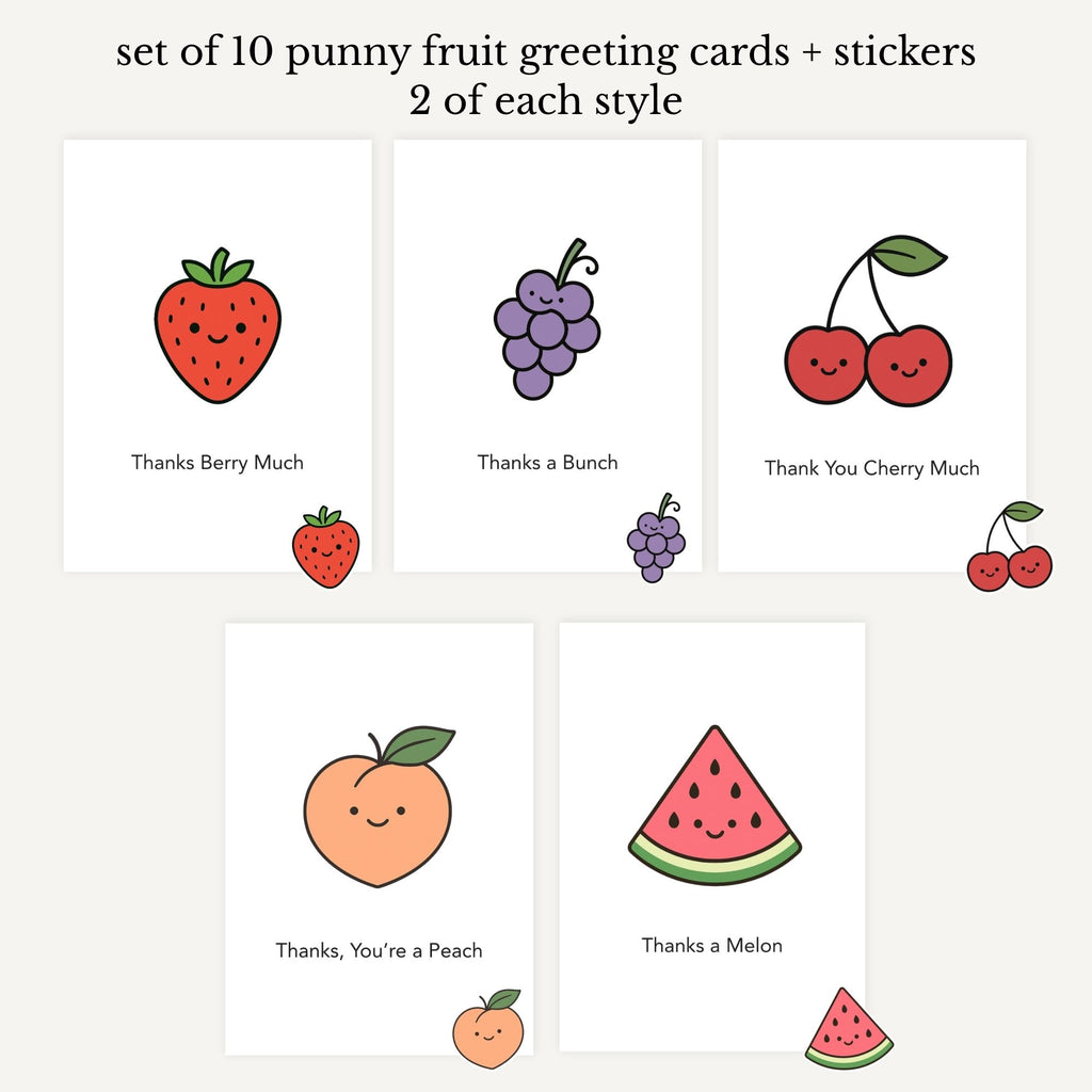 Five greeting cards with stickers on a white background. Include strawberry, grapes, cherries, peach, watermelon.
