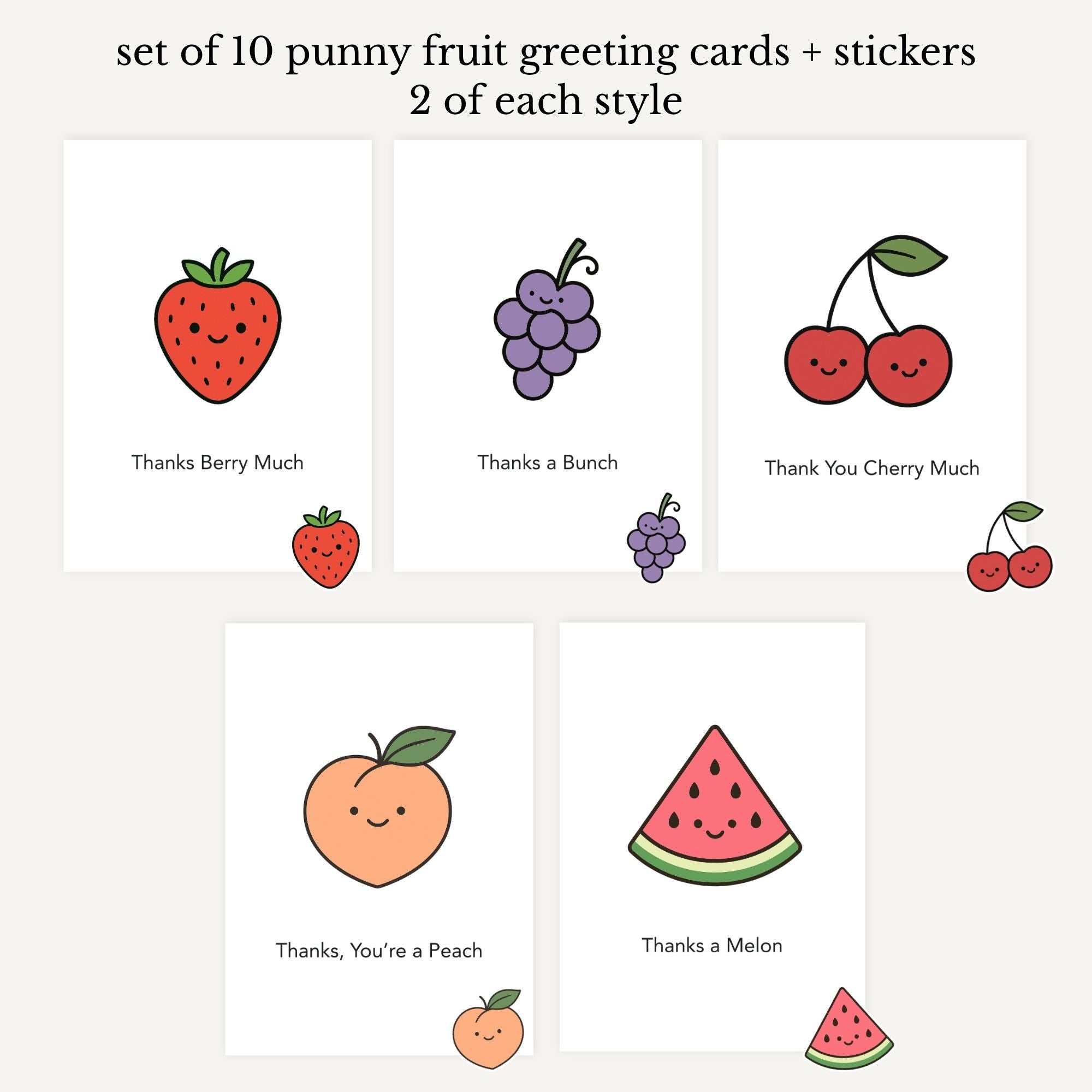 Five greeting cards with stickers on a white background. Include strawberry, grapes, cherries, peach, watermelon.