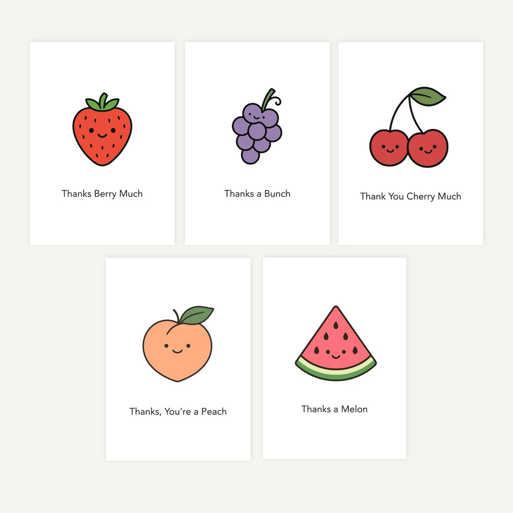 Five greeting cards on a white background. Include strawberry, grapes, cherries, peach, watermelon.