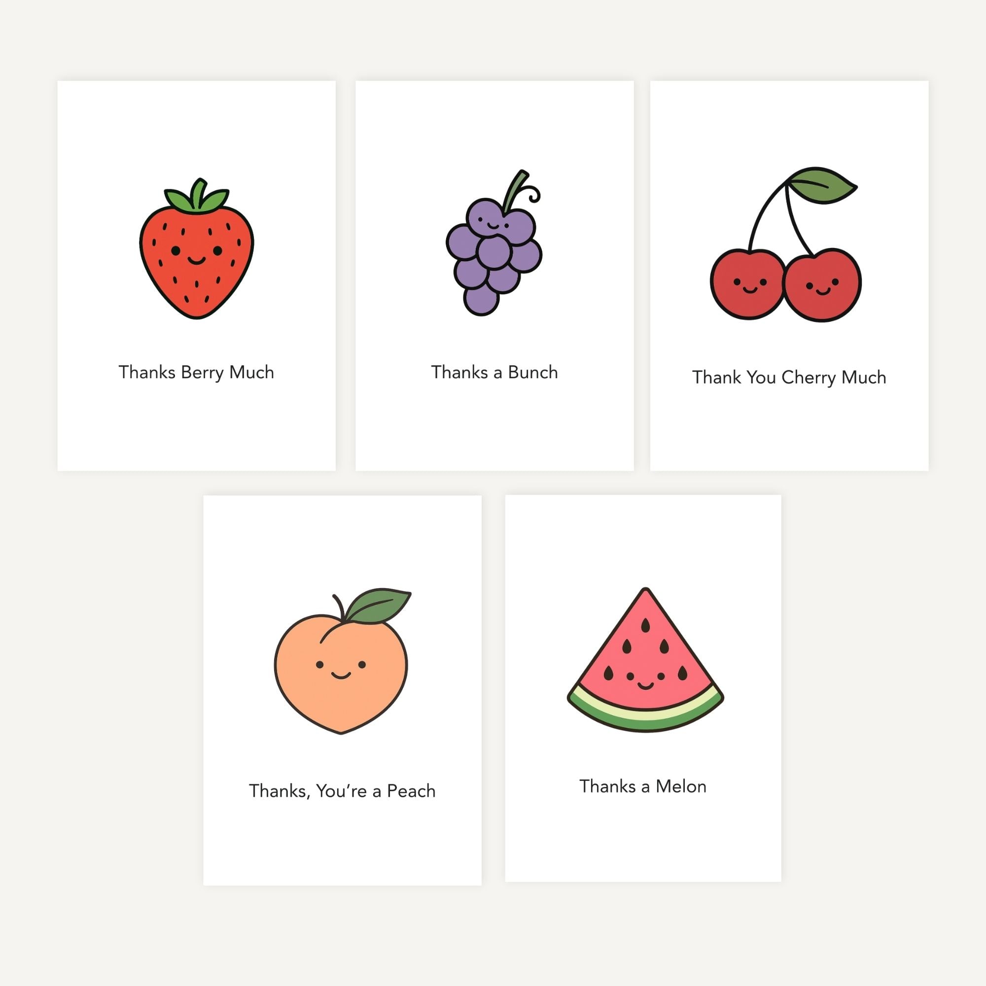 Five greeting cards on a white background. Include strawberry, grapes, cherries, peach, watermelon.