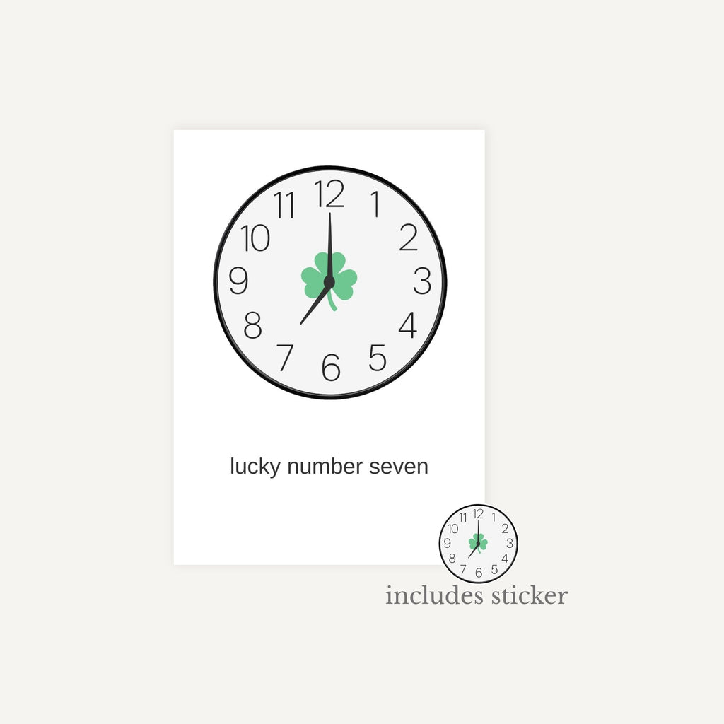 Wall clock with a shamrock design and text 'lucky number seven' on a white background