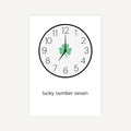 Clock with a clover leaf at the number seven position on a white background
