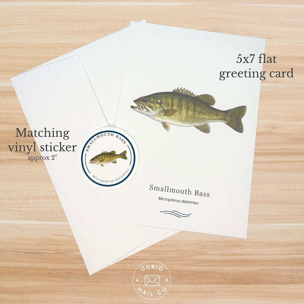5x7 flat greeting card with smallmouth bass illustration and matching vinyl sticker on a wooden surface.