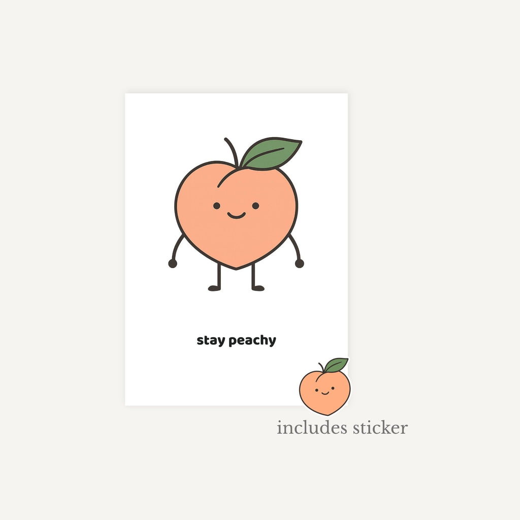 Cartoon peach character with a leaf on a white background, including text 'stay peachy' and 'includes sticker'.