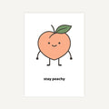 Cartoon peach character with a leaf on a white background and text 'stay peachy'.