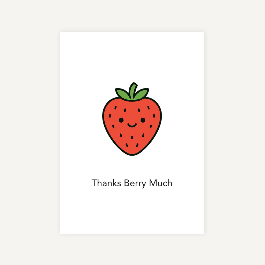 Cartoon strawberry with a smiling face and text 'Thanks Berry Much' on a white background