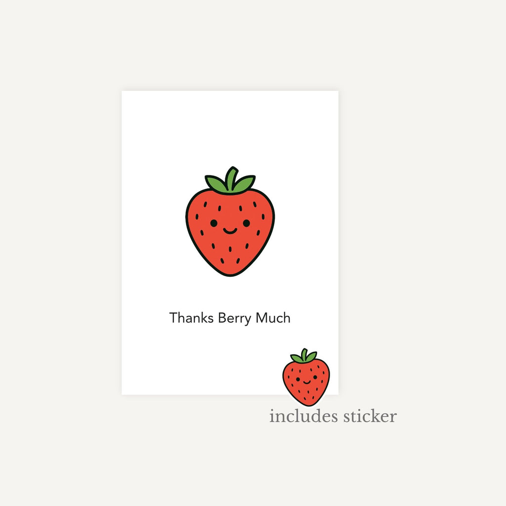 Card with a cartoon strawberry and text 'Thanks Berry Much' on a white background