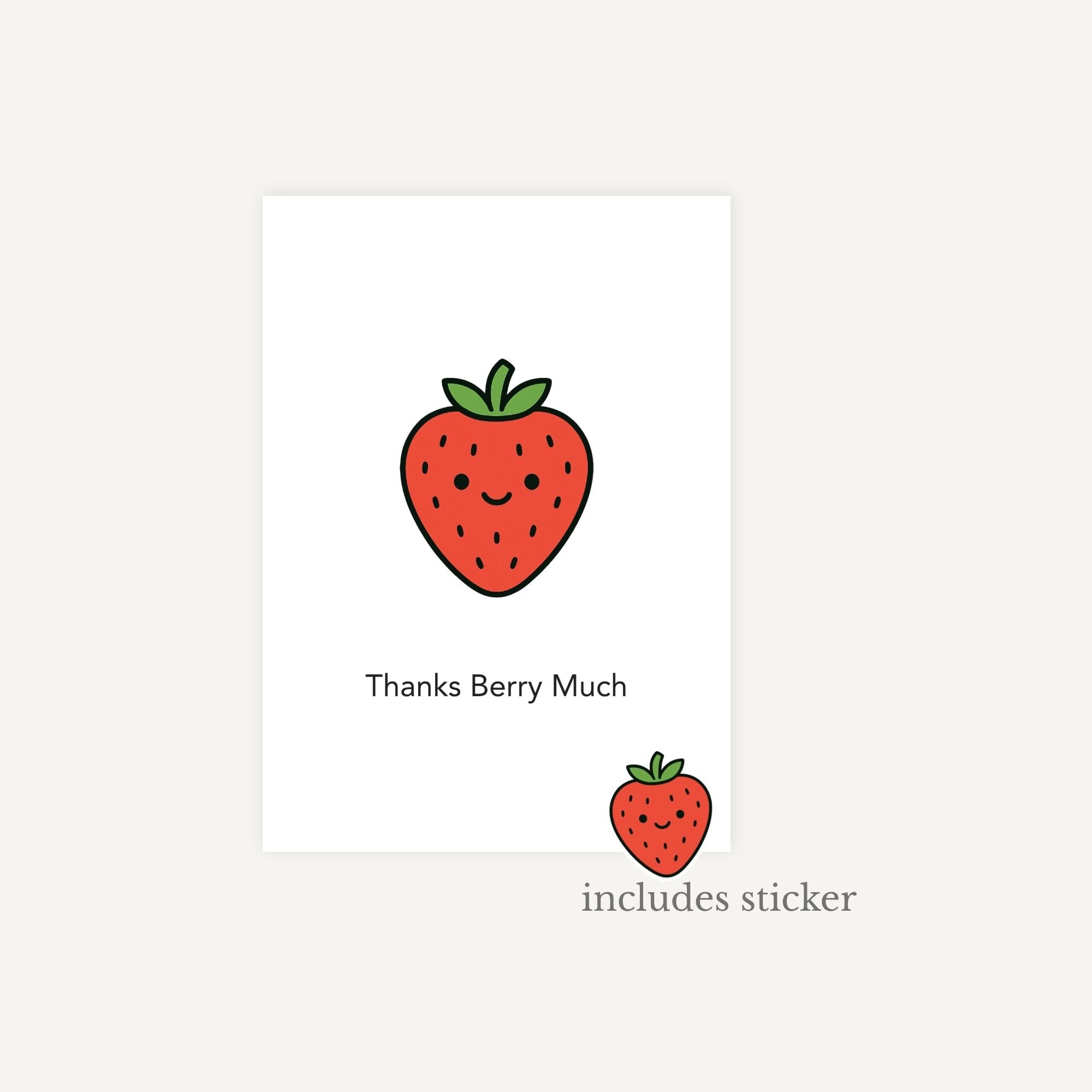 Card with a cartoon strawberry and text 'Thanks Berry Much' on a white background