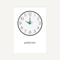 Clock with a diamond symbol on the hour hand against a white background, labeled 'perfect ten'.