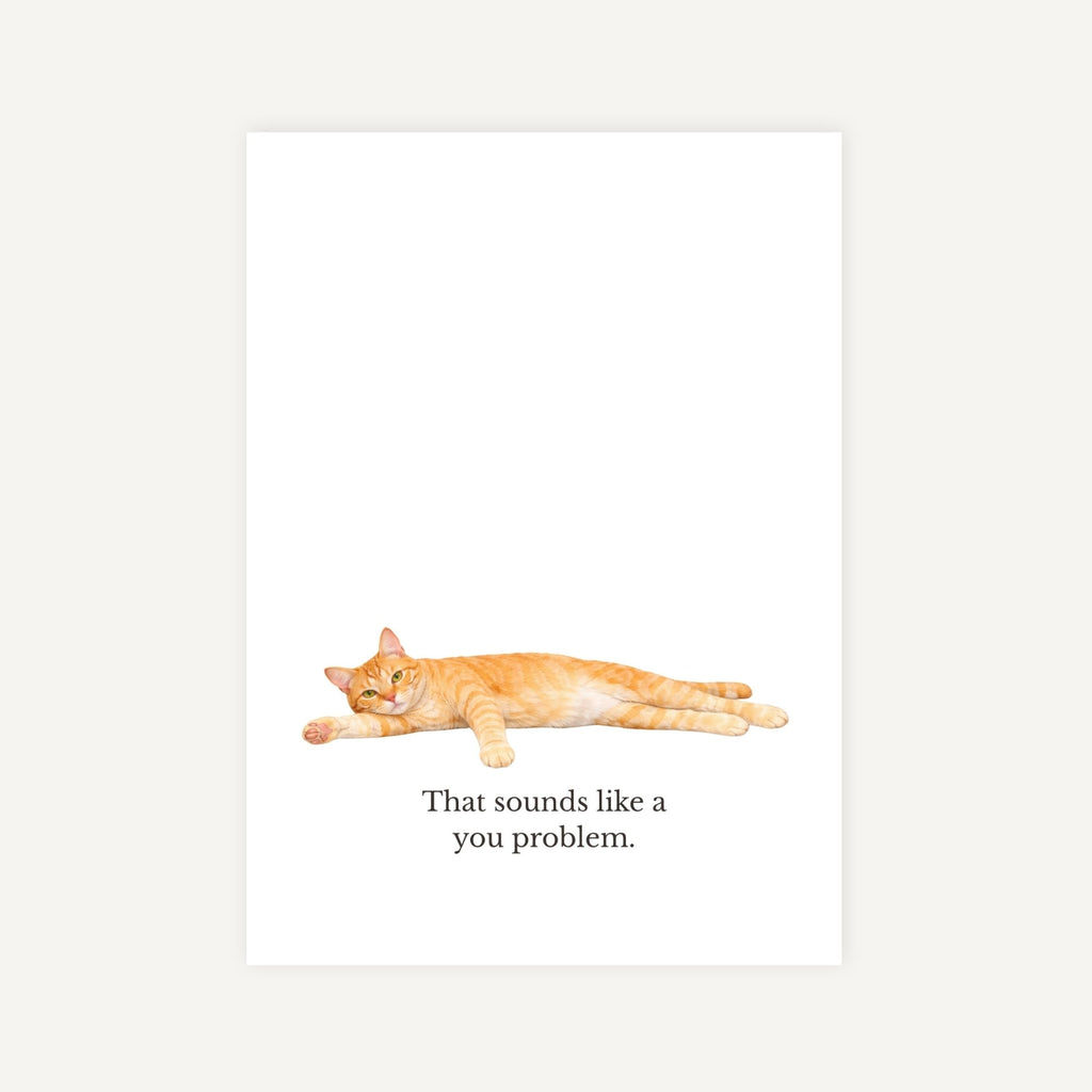 Cat illustration with humorous text on a white background