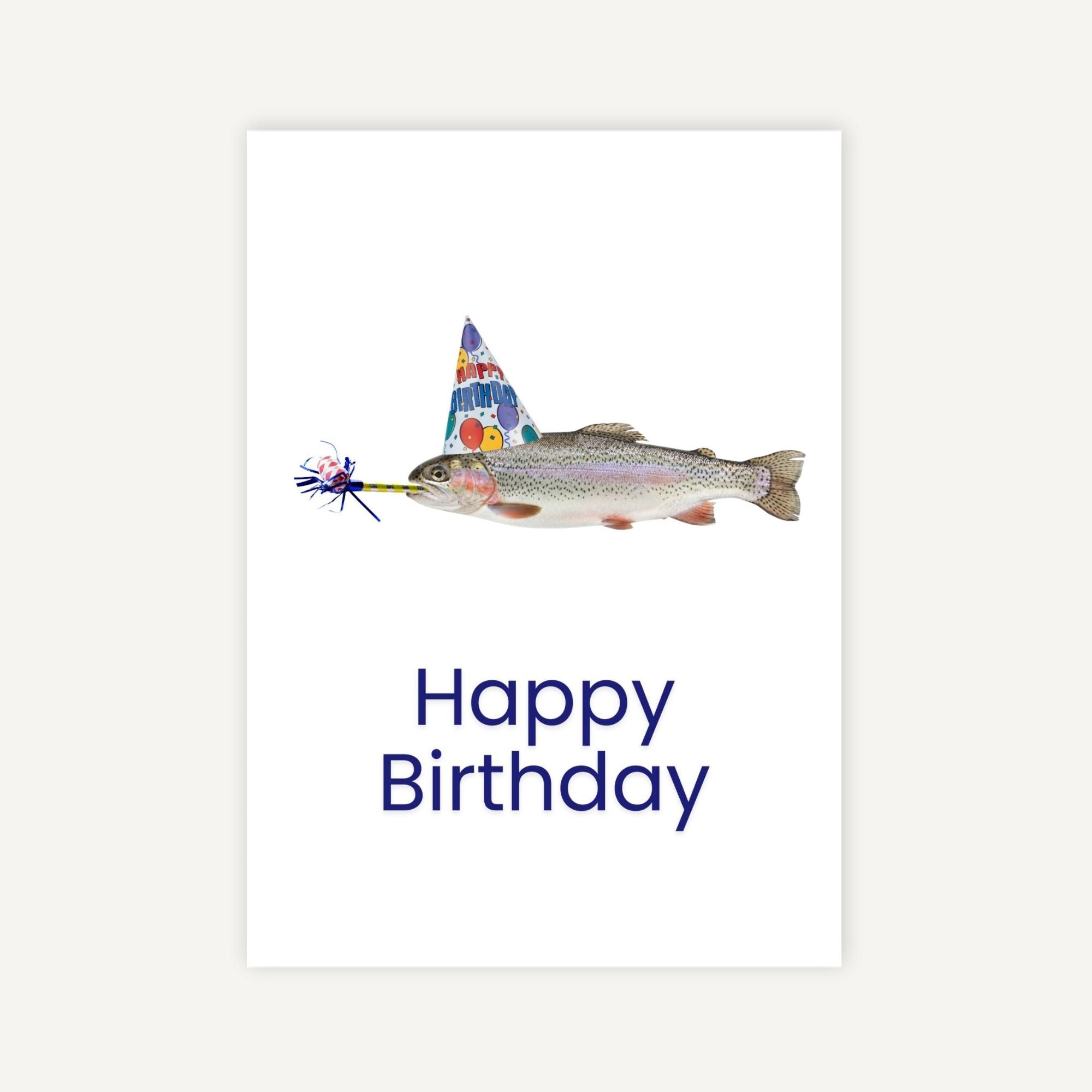 Fish wearing a birthday hat with 'Happy Birthday' text on a white background