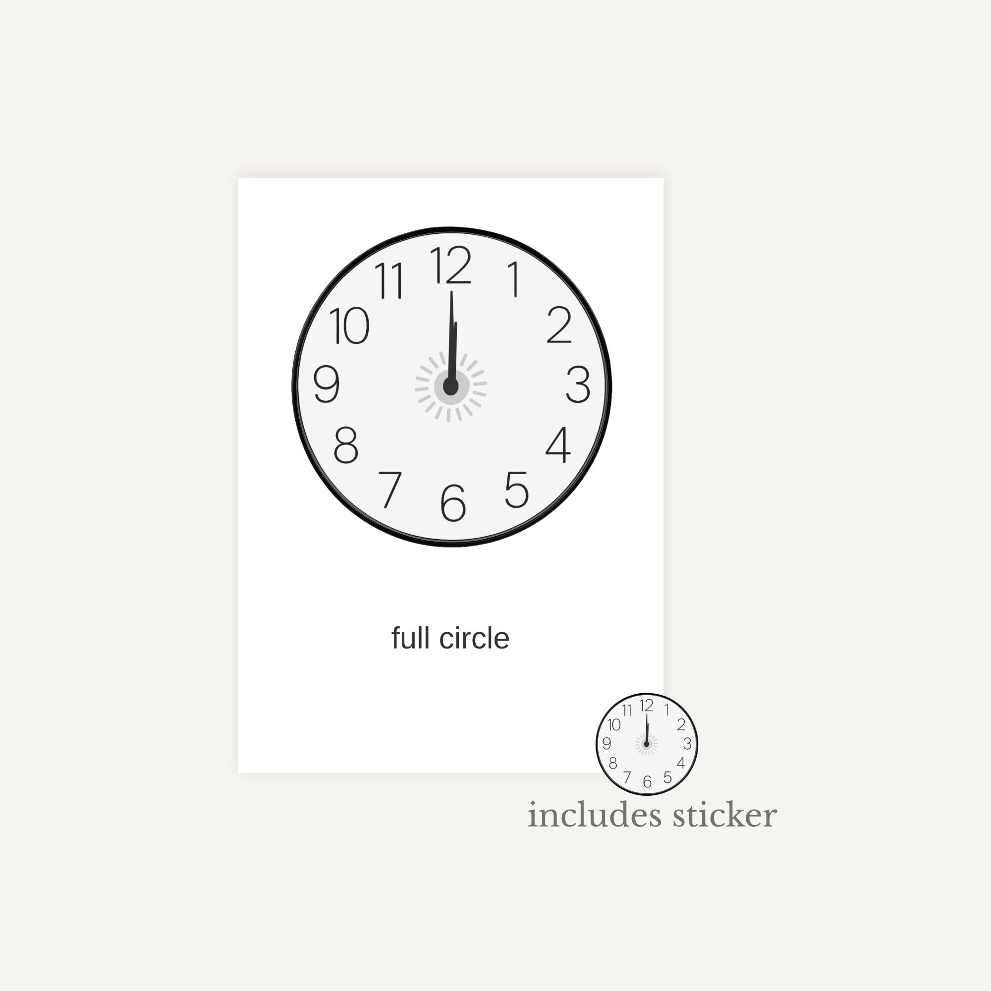Clock design with number 3 highlighted on a white background, featuring text 'six shining bright' and 'includes sticker'.