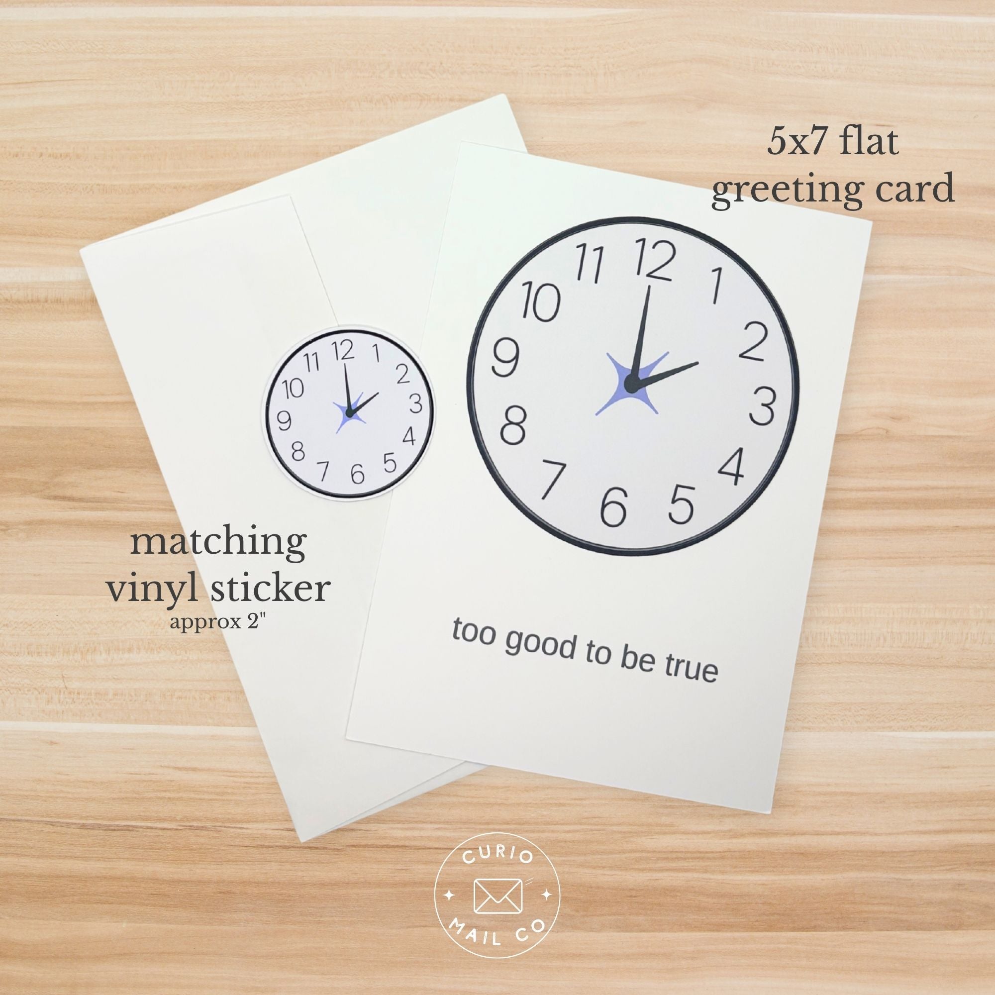 5x7 flat greeting card with clock design and matching vinyl sticker on a wooden surface, featuring 'Curio Mail Co' branding.