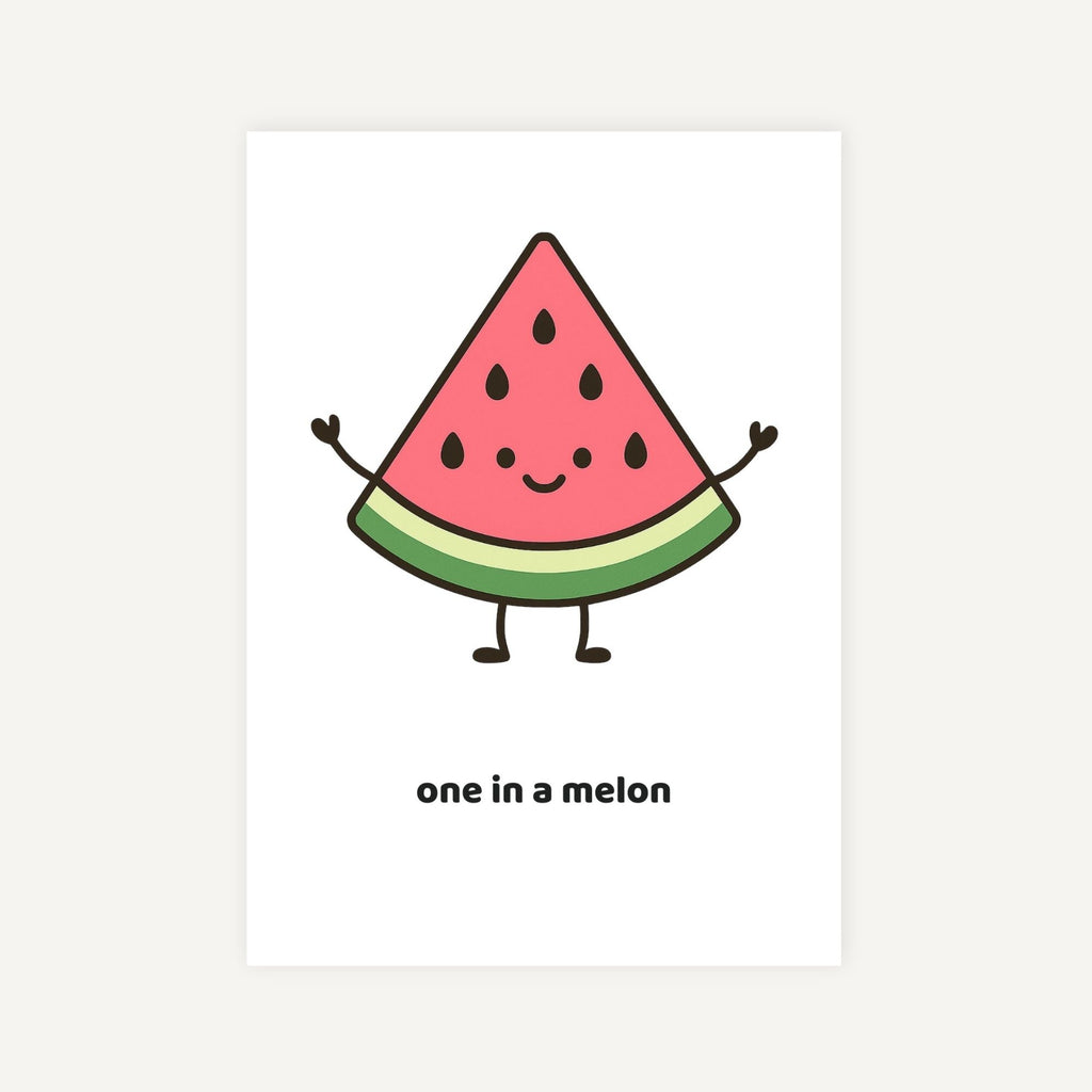 Cartoon watermelon slice with arms and legs on a white background