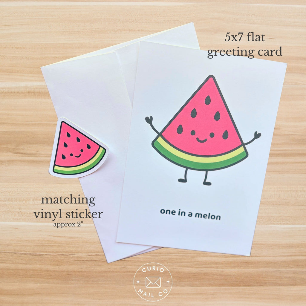 watermelon card with sticker on wood background