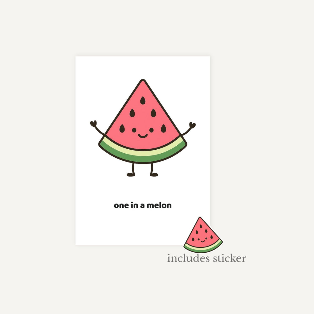 Illustration of a smiling watermelon slice with text 'one in a melon' on a white background.