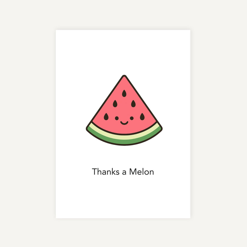 Cartoon watermelon with a smiling face and text 'Thanks a Melon' on a white background