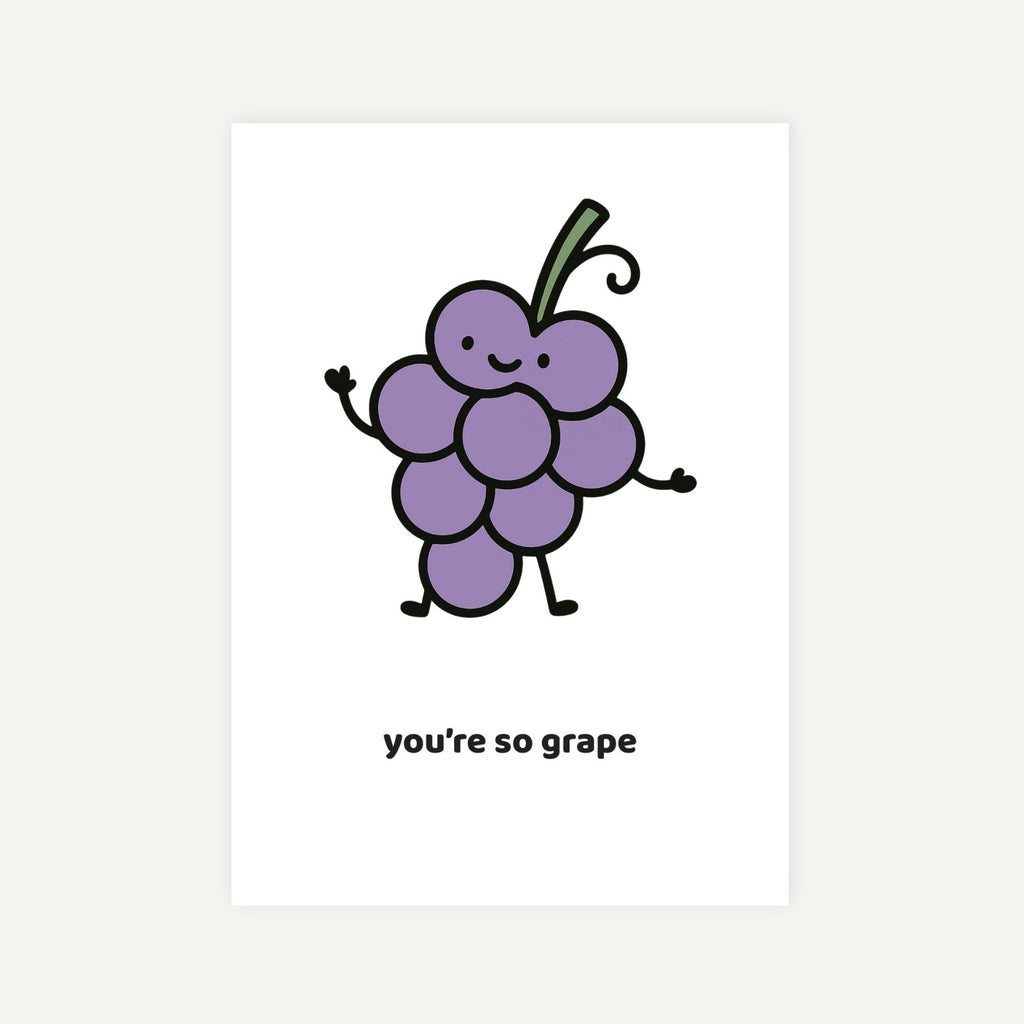 Cartoon grapes with a smiling face and the text 'you're so grape' on a white background