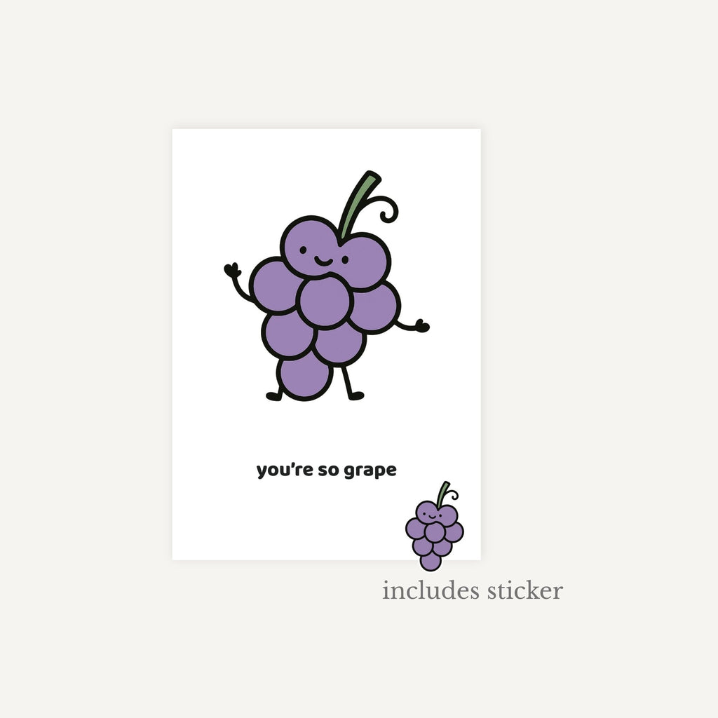 Cartoon grapes with a smiling face on a white background, including text 'you're so grape' and 'includes sticker'.